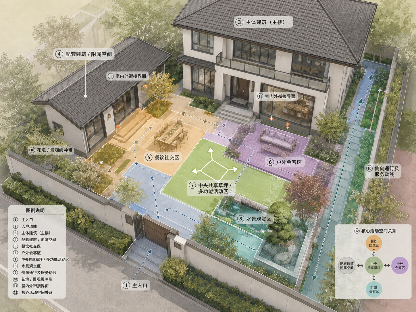 同一住宅院落彩色平面功能分区图